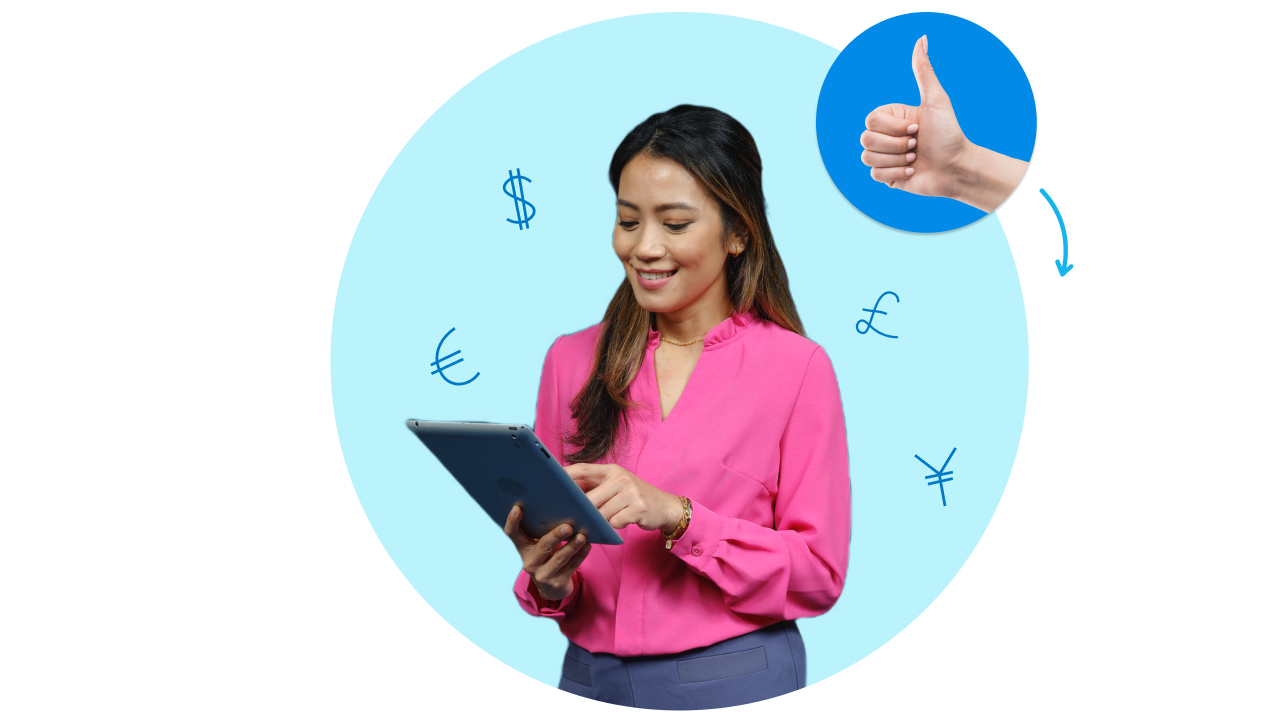 Woman on an ipad smiling with a thumbs up in a blue circle with currency symbols around